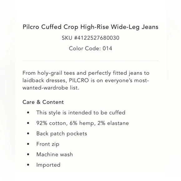 Anthropologie Pilcro Cuffed Crop High-Rise Wide-Leg Jeans Size 33 P Cream - Picture 15 of 15